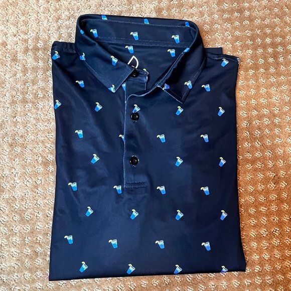 Deolax Navy All Over Drinks Print Polo Shirt Men's M Golf Flex Grapic Polo - Picture 1 of 10